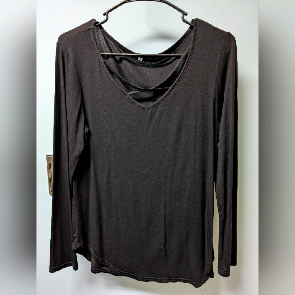 Chic Black Long Sleeve Cut Out Blouse